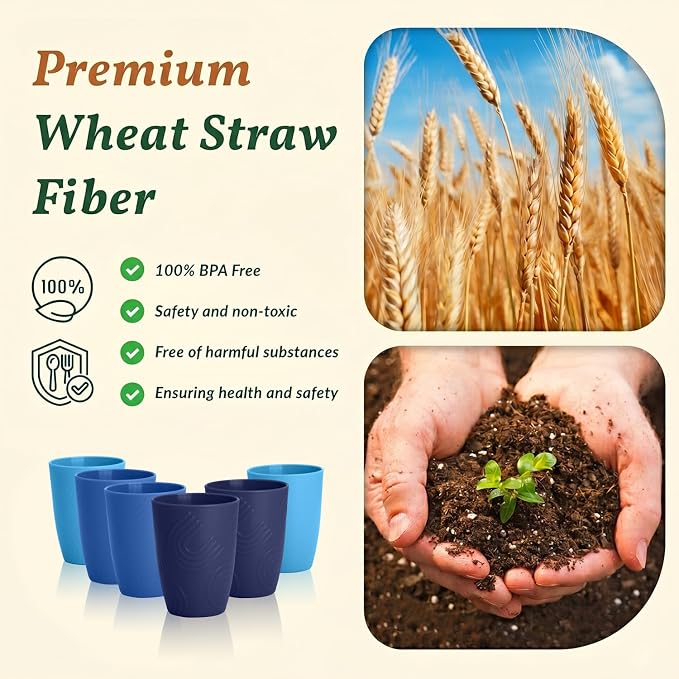 Homienly Cup Sets for Kitchen 12oz Wheat Straw Cups Unbreakable Drinking Cups Set of 6 - Lightweight,Reusable Cups for Kitchen, Outdoor- Blue Sky - Image 4