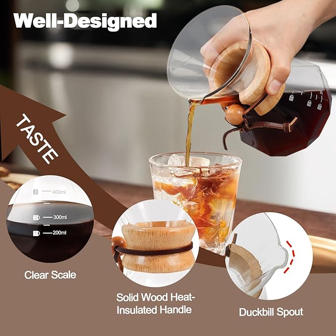 Pour Over Coffee Pot Set 400ml Features 304 Stainless Steel Filter Glass Coffee Pot with High Borosilicate Glass Duckbill Spout Design Solid Wood Handle Pour Over Coffee Drippers Daily Brewing
