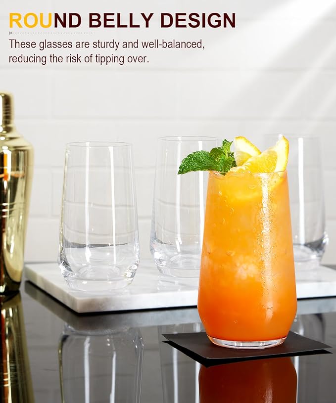 Drinking Water Glass Cups Set,Crystal Clear tall Glass cups set of 8,16.2oz | Unique Design Highball Clear Glassware for Cocktail Parties, Family Dinners Glass Cups - Image 7