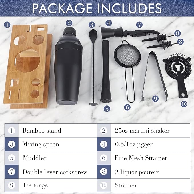 11Pcs-Cocktail Shaker Set Black Bartending Kit 25oz Cocktail Bar Set Cocktail Mix Drink Making Kit Professional Bar and Home Drink Bar Tools for Bartender(Matte Black)