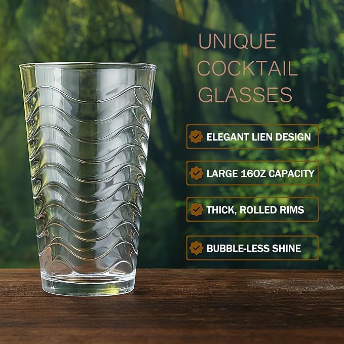 ALINK 16 oz Vintage Drinking Glasses, Set of 6 Wave Line Highball Glass Cups Bar Glasses, Clear Heavy Base Stemmed Water Glasses for Beer, Iced Coffee, Cocktail, Wine, Iced Tea, Dishwasher Safe - Image 2