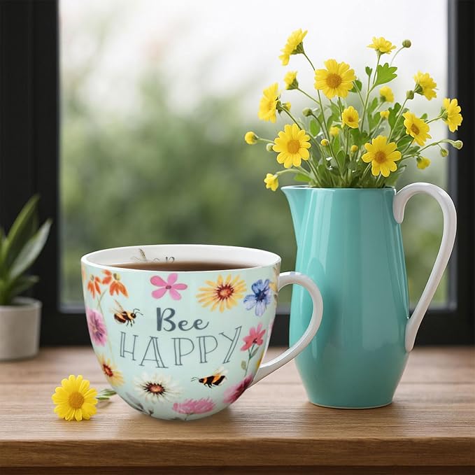 20 oz Bees & Flowers Coffee Hug Mug,“Be Happy” Designed to Spread Joy, Premium Bone China, Best Gifts for Mom Women Mothers Day, Designed in England by Harvest Green Studio - Image 6