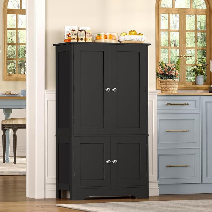 TEENFON Storage Cabinet with 4 Doors, Kitchen Cabinet with 6 Door Shelves | Kitchen Pantry Cabinet with Adjustable Shelves, for Living Room, Dining Room, Bathroom, Black - Image 2