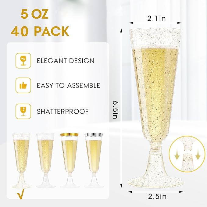 SUREHOME Champagne Flutes Plastic 40 Pcs Gold Glitter Champagne Glasses Disposable Mimosa Glasses Sparkle Clear Acrylic Wedding Toasting Cocktail Cups Bulk for Bridal Shower Birthday Party Supplies - Image 6