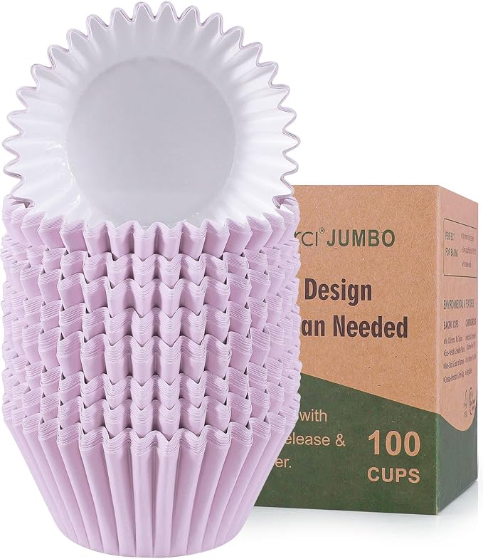 Caperci Heavy Duty Purple Jumbo Cupcake Muffin Liners for Baking - Extra Large 100pcs Grease-Resistant Paper Baking Cups, No Muffin Pan Needed, Odorless, Easily Peels (Orchid Purple) by Caperci