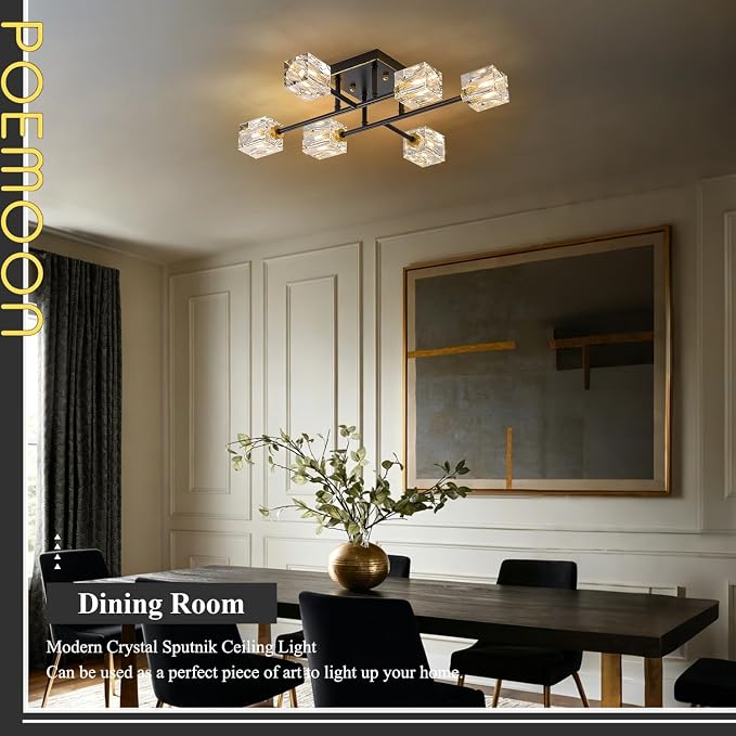 24" Black and Gold Crystal Semi Flush Mount Ceiling Light Modern 6-Light Sputnik Chandelier Luxury Light Fixture for Kitchen Island Entryway Dining Room Living Room - Image 4