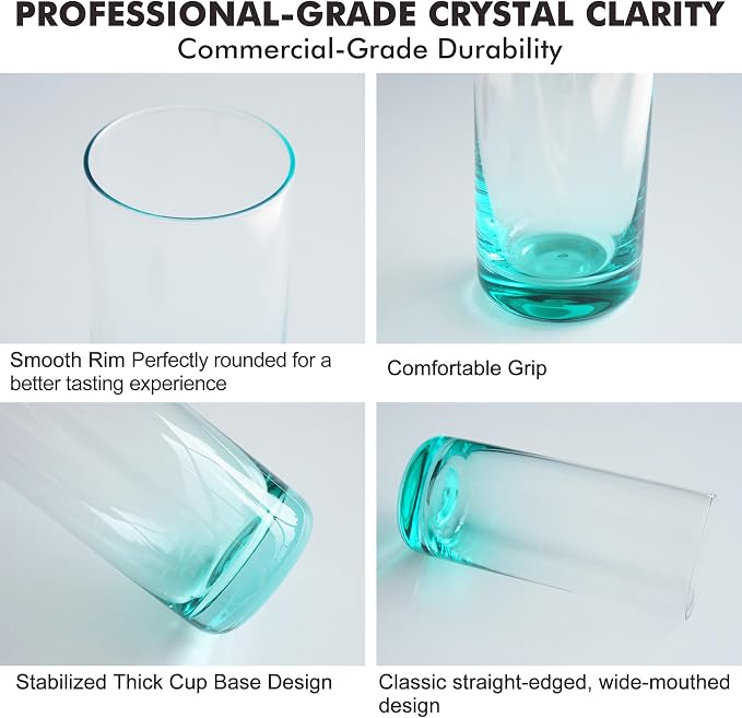 Green Highball Glasses Set of 6,13oz Drinking Glass Cups for Mixed Drink Cocktail, Beer, Mojito, Water and Juice,Thick Tall Crystal Glassware for Kitchen, Restaurant, Home Bar and Parties - Image 3
