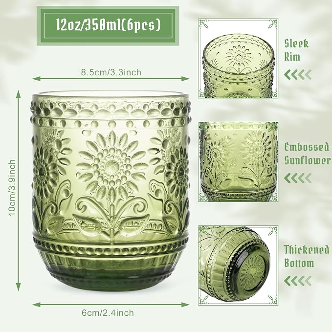 Topsky Vintage Drinking Glass Set of 6,12 oz Embossed Floral Decorative Glassware Set,Glass Cups Wine Glasses Beverages Tumblers Colored Glassware for Whisky,Beer,Juice,Cocktail,Heavy Duty - Image 4