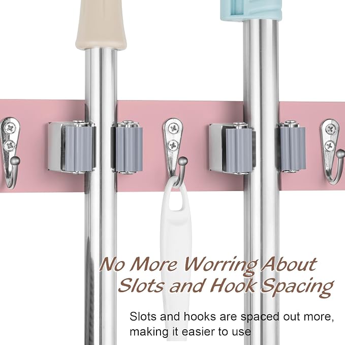 OUTNILI Pink Mop Broom Holder Wall Mount with 4 Slots & 4 Hooks - Wood Broom Mop Hanger for Pantry Closet Laundry Room Kitchen Organization - for Pink Kitchen Decor and Accessories - Image 5