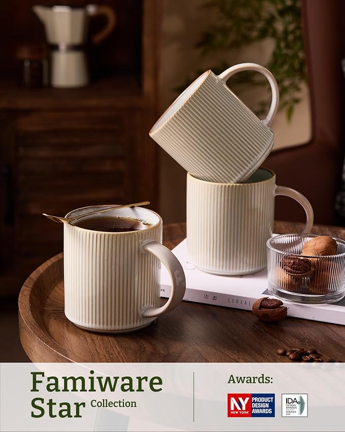 famiware Coffee Mug Set for 6, Star 16 oz Catering Mugs Cup Set with Handle for Coffee, Tea, Cocoa, Milk - Ceramic Stoneware Drinkware Set, Cappuccino White - Image 3