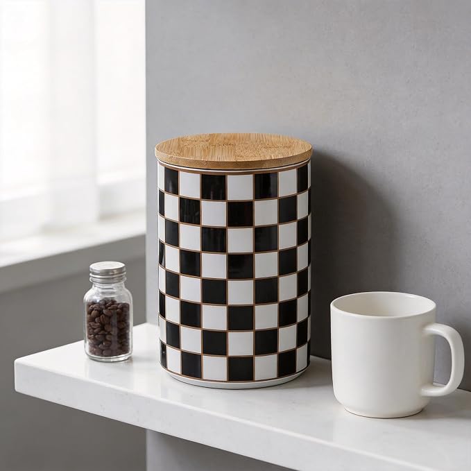 Kitchen Countertop Ceramic Checkered Canisters,Black And White Food Storage Containers With Lid,Airtight Kitchen Canisters for Flour, Sugar, Coffee, Tea, and Dry Goods (Black, XL) - Image 7