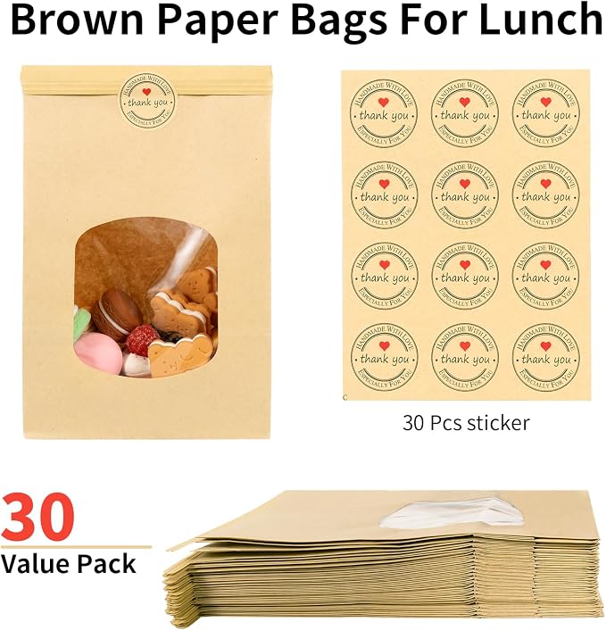 9.6x6.1x2.7” Bakery Bags with Window 30 Pieces Brown Bakery Bags Kraft Paper Bags Tin Tie Tab Lock Bags for Cookies with Free Stickers - Image 4