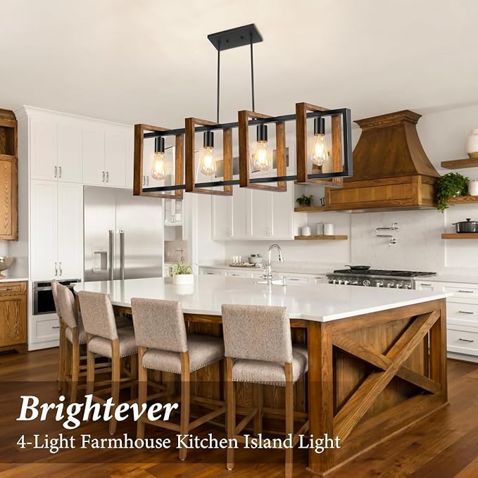 4 Lights Dining Room Light Fixture, Farmhouse Kitchen Island Lighting Wood and Black Metal Rectangular Hanging Chandelier for Ceiling Living Room, Modern Rustic Pendant Lighting Fixture Over Table - Image 3