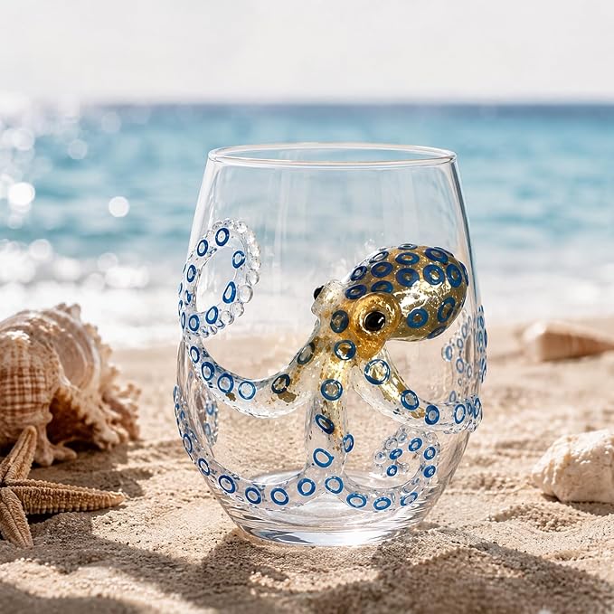 Handmade 3D Blue Ring Stemless Glass Wine Cup Ocean Bar (White Style 1) | 3D Sculpted Handmade Blue Ring Stemless Glass Ocean Cup Handblown Glassware (White Style 1) - Image 4