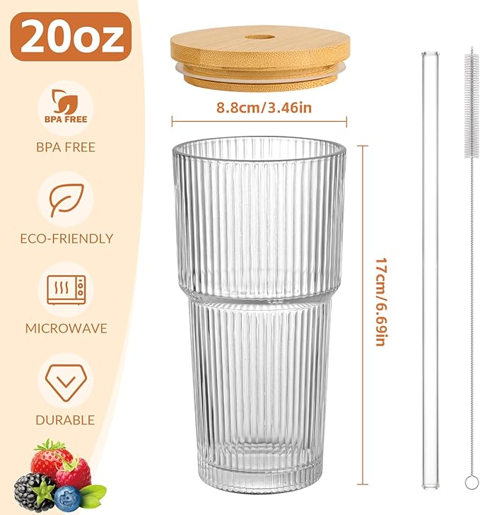 20oz Glass Cups with Lids and Straws,2PCS Ribbed Glass Coffee Cups,Iced Coffee Cups with Lid,Vintage Bamboo Tumbler for Juice,Smoothies