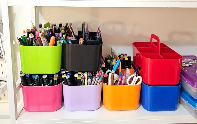 2 Pack Small 6 Compartment Multiuse Caddy Organizer with Handle Art Craft Supplies, Office, Desk, Stationery Pen Holder Stackable- Made In USA (Black/Pink)