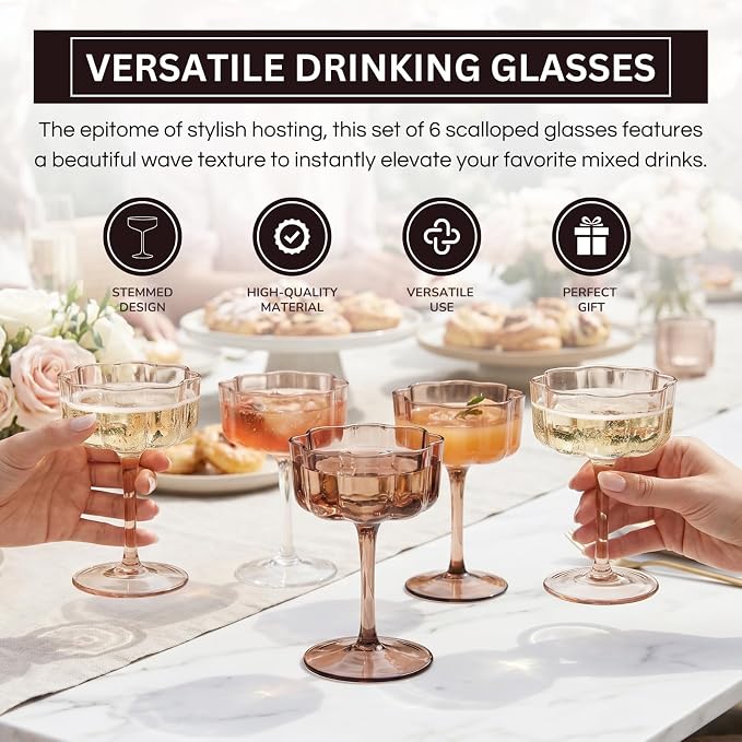 Venus Flower Scalloped Vintage Wavy Petals Wave Glass Coupes 7oz Colorful Martini, Champagne & Cocktails, 6 Set Brown Amber Shades Rippled Champagne Glasses, Elegant Bar Glassware, Aesthetic Coupe - Image 4