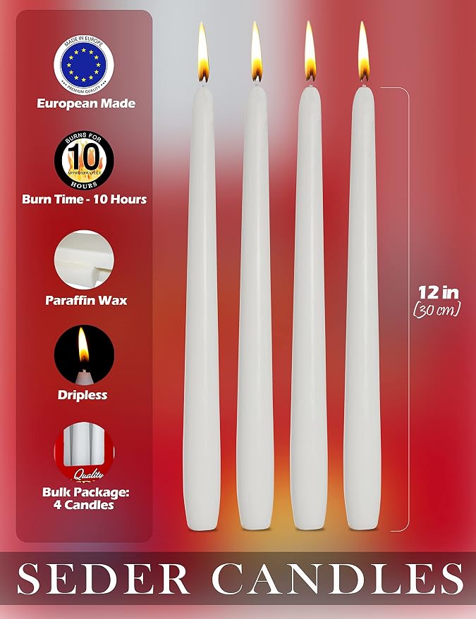 Ner Mitzvah Passover Seder Candles - 10 Hour Burn Time - European Made - Pack of 4 Taper Candles. - Image 2
