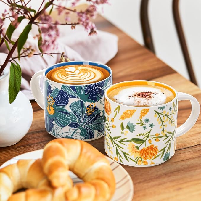 Frcctre Set of 4 Ceramic Coffee Mug Set, Large 15 Ounce Ceramic Tea Cup with Handle, Vintage Hand Painted Floral Porcelain Mug Colorful Restaurant Mug for Coffee, Tea, Milk, Hot Cocoa - Image 6