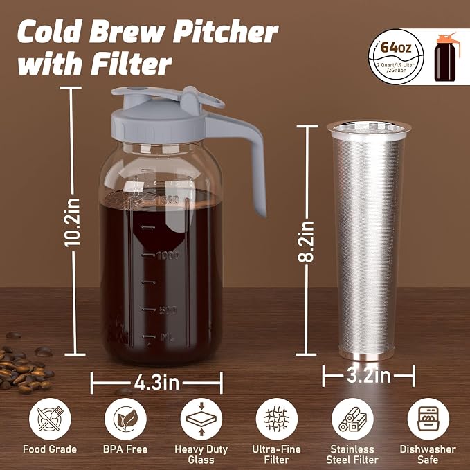 Cold Brew Coffee Maker, 64 oz Glass Mason Pitcher | 100μm stainless steel filter, wide mouth design, leak-proof lid with handle, pour spout for iced coffee, tea and cold drinks - Image 3