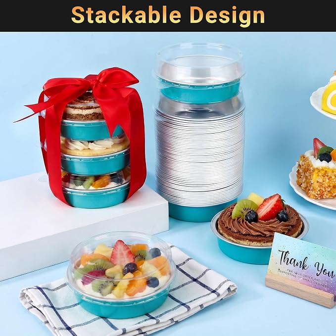 Beasea Aluminum Cupcake Pans With Lids 100 Pack, 7.3oz Disposable Baking Cups, 215ml Aluminum Foil Pie Tart Pans Tins Round Mini Oven Dish For Cake Tart Quiche Individual Dessert - Blue Green - Image 5