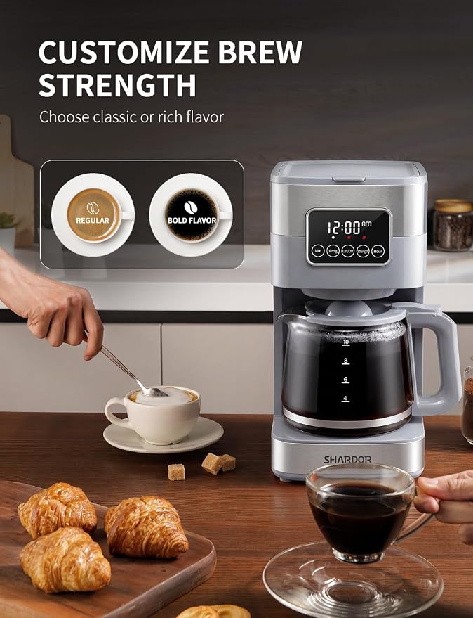 SHARDOR 10-Cup Programmable Coffee Maker, Regular & Strong Brew Drip Coffee Machine for Home and Office, Auto Shut Off, Permanent Filter (gray) - Image 4