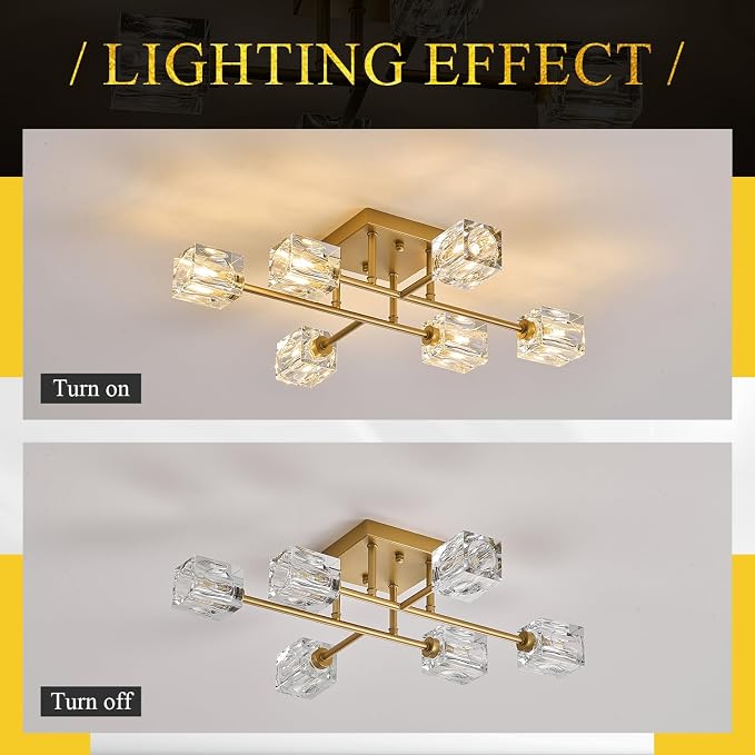 24" Gold 6-Light Luxury Semi Flush Mount Ceiling Light Modern K9 Crystal Kitchen Island Sputnik Chandelier for Dining Room Entryway Bedroom Living Room - Image 9