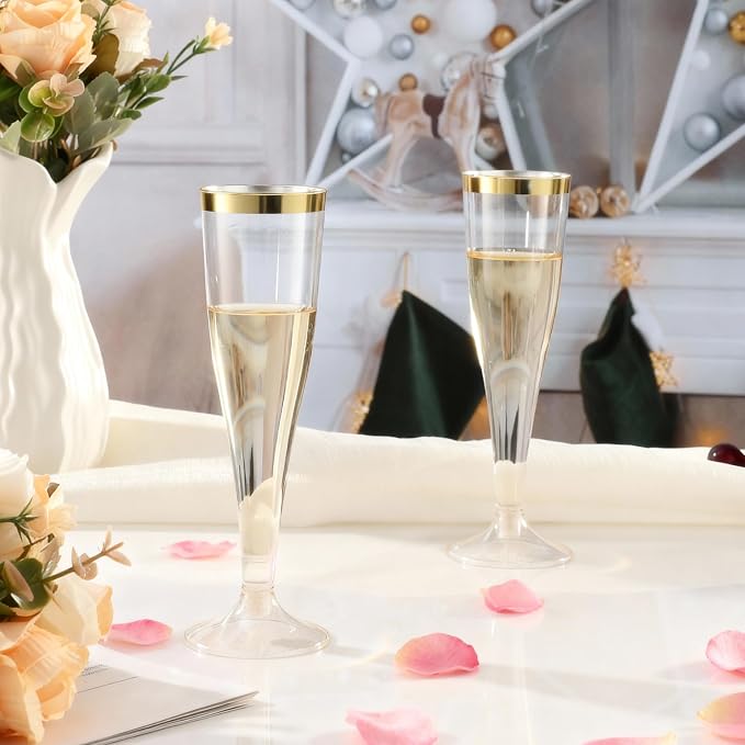 Bestluck 100 Pack 4.5 oz Champagne Flutes Plastic with Gold Rim | Disposable Champagne Flutes, Clear Plastic Disposable Stemware for Party, Mimosa Bar, Wedding, Anniversary and Graduation - Image 5