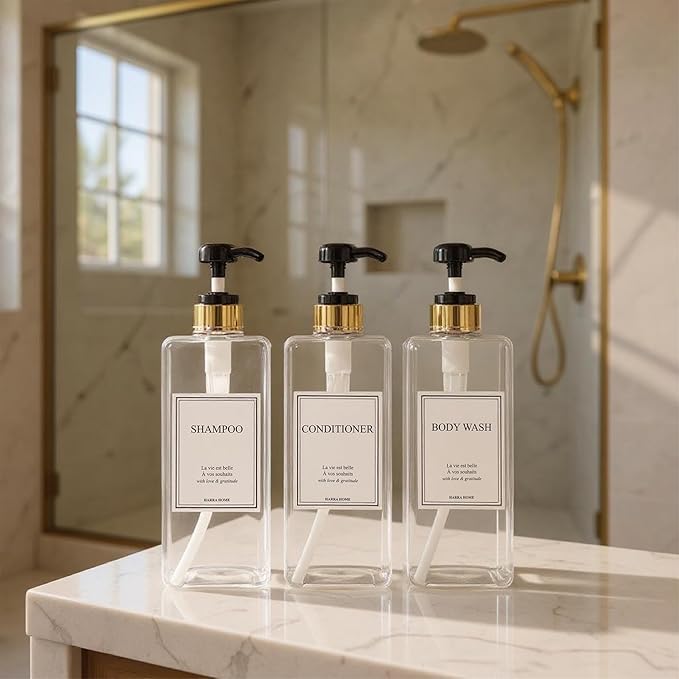 Modern Gold Design Large 27 oz Shampoo and Conditioner Dispensers - Empty Plastic Refillable Pump Bottle Set for Bathroom Shower Soap Dispenser, Includes 6 Waterproof Labels, et of 3 (Clear & Black)