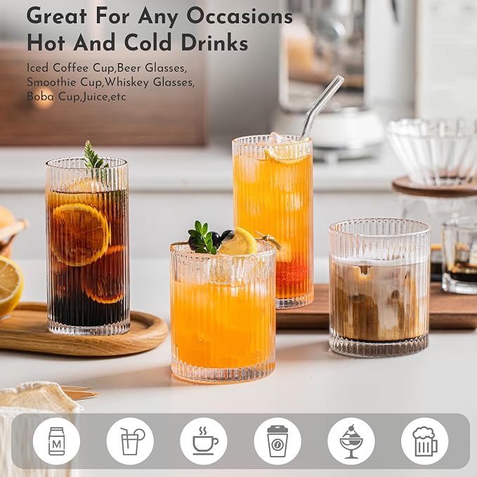 INSETLAN Set of 8 Vintage Glassware - 4 Highball Glasses 12 oz, 4 Rocks Glass Cups 14 oz, Ribbed Glassware Cocktail Glasses, Ideal for Wine, Juice, Water, Ice Coffee Cup, Whiskey, Mixed Drinkware - Image 4