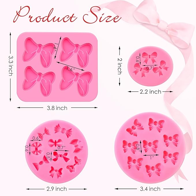 4 Pcs Bow Silicone Mold, Mini Bows Fondant Molds, Chocolate Candy Silicone Molds for Cupcake Topper, Cake Pop Decoration and Clay Craft Making