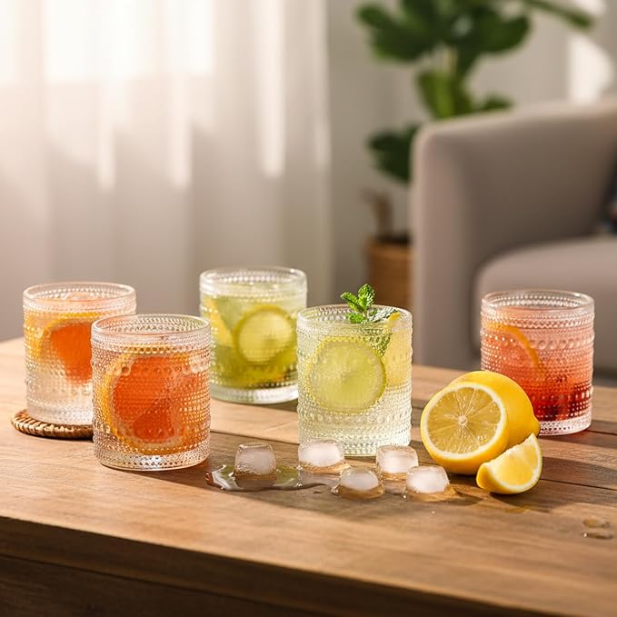 Moretoes Cocktail Glasses10 OZ Hobnail Drinking Glasses Set of 6 | Vintage Whiskey Glassware, Textured Glass Cups Bubble Glasses Water Glasses Old Fashion Jupiter Glasses Set (Clear) - Image 7
