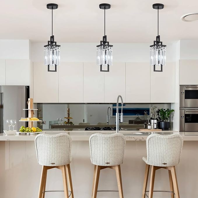 Modern Black Pendant Light Fixtures for Kitchen Island and Dining Room, Industrial Small Hanging Crystal Chandelier Light Fixture for Bedroom Entryway Living Room Foyer Hallway 3-Pack - Image 4