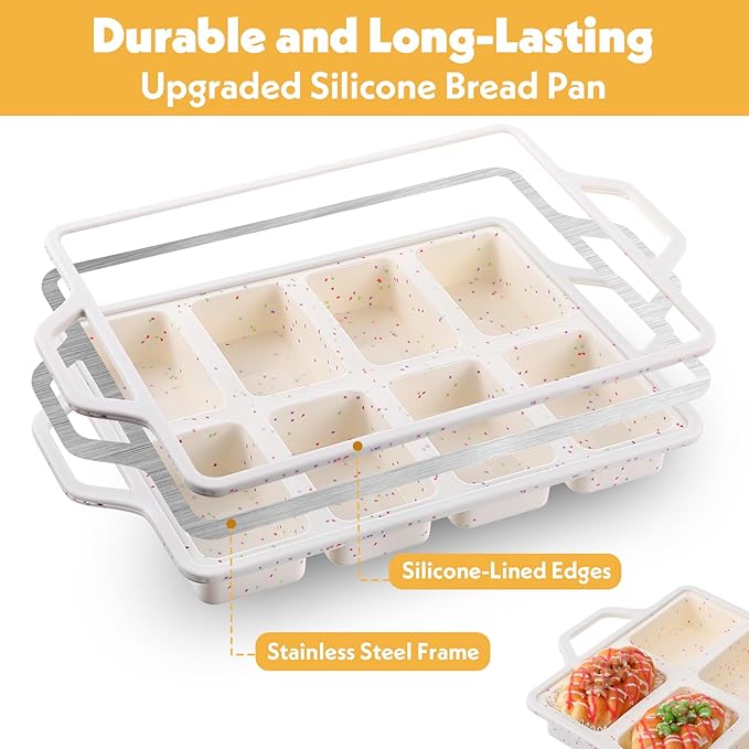 Silicone Mini Loaf Pan with Metal Reinforced Frame 2 Pack Non-stick Mini Bread Loaf Pans for Baking Bread 8-Cavity, Dishwasher Silicone Baking Molds for Banana Breads, Cornbread, Cheesecake (Cream)