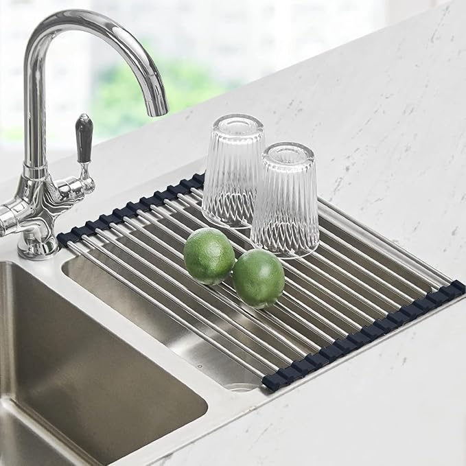 Seropy Roll Up Dish Drying Rack Over The Sink for Kitchen Sink Drying Rack Folding Dish Drainer Mat Rolling Dish Rack Sink Rack Stainless Steel Kitchen Dry Rack Black 17.5x15.7 Inch by SeropyDirect