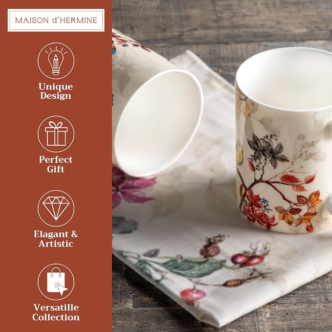 Maison d' Hermine Coffee Mug with Handles Tea Cups (12 Ounce, Pack of 2) | Fine Bone China Coffee Mugs for Hot Beverages Cappuccino Latte Home Restaurant Hotel Spring Summer -Equinoxe - Beige - Image 2