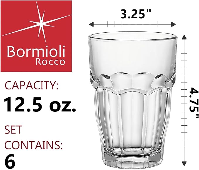 Bormioli Rocco Rock Bar Stackable Beverage, Set Of 6 Dishwasher Safe Drinking Glasses For Soda, Juice, Milk, Coke, Beer, Spirits – 12.5oz Durable Tempered Glass Water Tumblers For Daily Use - Image 2