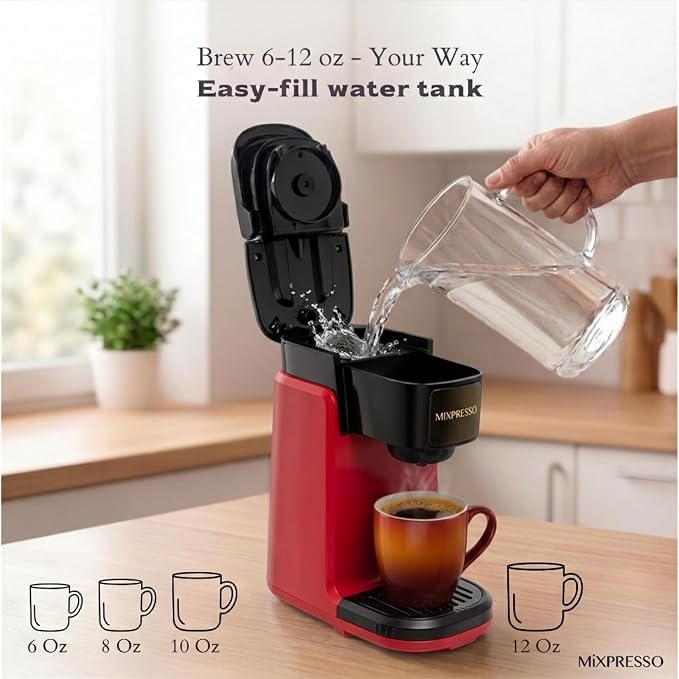 Mixpresso Single Serve Coffee Maker K Cup Coffee Maker for K Pods & Grounds | Compact 800W Red Coffee Machine with 12 Oz Water Tank, Fast Brew & Auto Shut-Off, Small Design for Travel, Office, RV & Dorm - Image 3