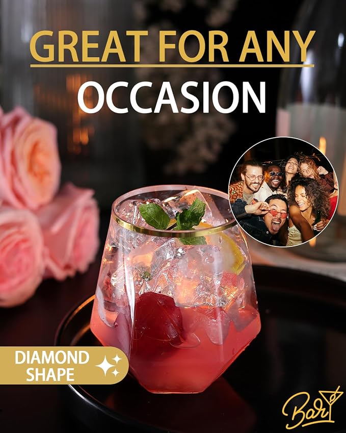 40 Pack Plastic Wine Glasses, 12 Oz Disposable Cocktail Whiskey Glasses | Gold Rimmed Diamond Stemless Champagne Margarita Glasses, Clear Unbreakable Reusable Plastic Cups for Party Wedding Birthday - Image 4