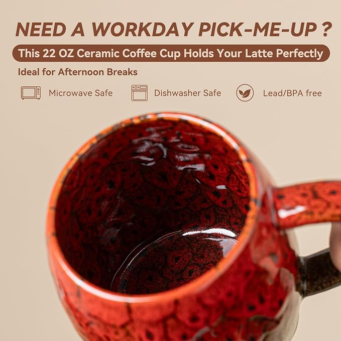 Handmade 22oz Ceramic Coffee Mug, Ergonomic Large Handle, Ideal Gift for Coffee Lovers, Microwave & Dishwasher Safe (Bas-Relief - Red&Green) - Image 3