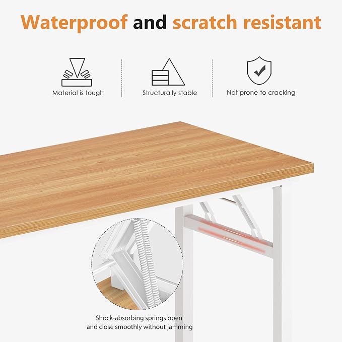 DlandHome 54.3 Inch Large Folding Computer Desk, Fully Assembled Teak White | Foldable Writing Table, Portable Activity Conference Table for Home Office, Wood Top Metal Frame, Collapsible Easy Storage - Image 6