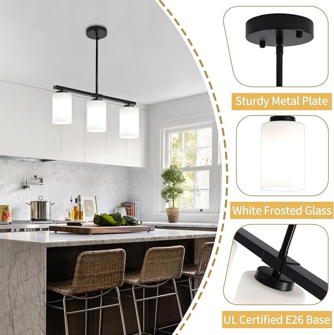Modern Kitchen Island Lighting Black Dining Room Light Fixtures | 3-Light Linear Chandelier Over Table, 21.25'' Island Lights for Kitchen White Frosted Glass Shades, Adjustable Height - Image 4