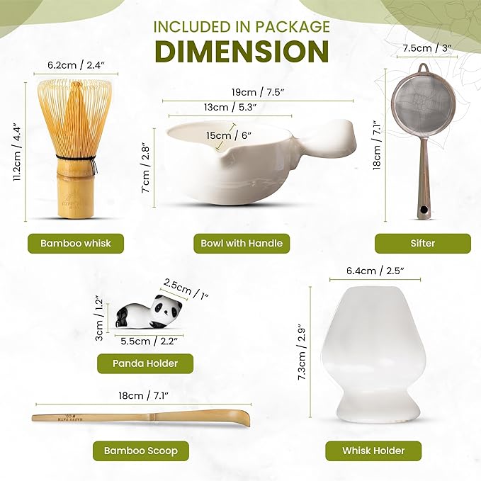 HAPPY PATH & CO Matcha Whisk Set – 6 Pcs Matcha Tea Set Includes Bamboo Whisk(Chasen) with Holder, Bowl with Spout,Sifter,Scoop & Stand | White Matcha Making Kit - Perfect Matcha Set for Matcha Lovers