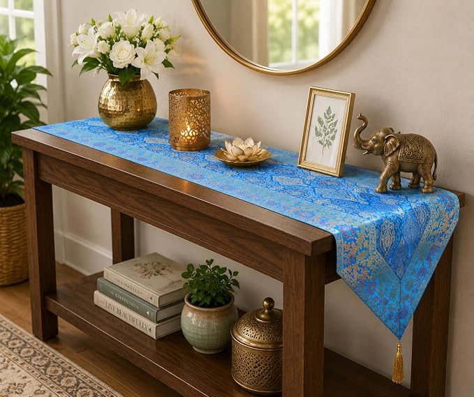 Indian Traditional Decorative Silk Table Runner Kitchen Dining Good Luck Table Cloth for Wedding Bridal Birthday Party Decorations 72x14 Inches Turquoise Color - Image 2