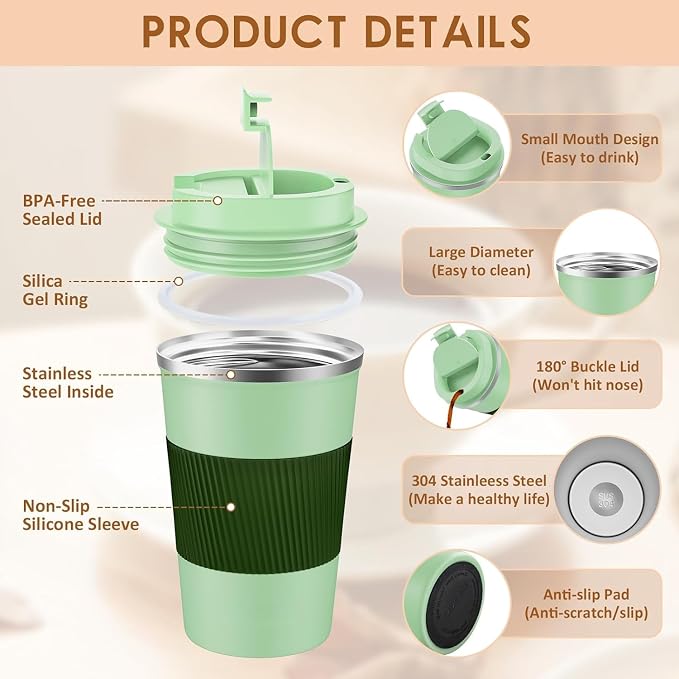 KETIEE 12oz Travel Mug, Insulated Coffee Cup with Leakproof Lid, Travel Coffee Mug Vacuum Stainless Steel Double Walled Reusable Tumbler for Hot and Cold Drinks (Green) - Image 6