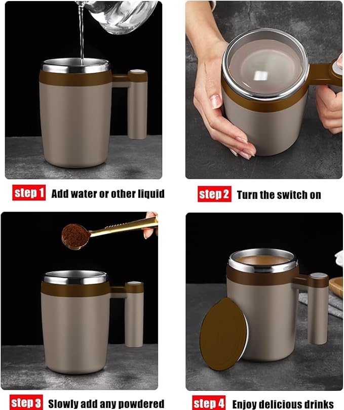 Self Stirring Mug,Rechargeable Auto Magnetic Coffee Mug with 2Pc Stir Bar,Waterproof Automatic Mixing Cup for Milk/Cocoa at Office/Kitchen/Travel 14oz Best Gift - Brown - Image 3