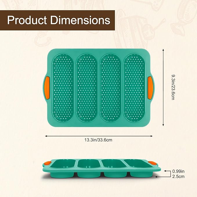 Silicone Bread Loaf Pan, 4-cavity Non-Stick Baguette Bread Pan Heat Resistant Hot Dog Bun Mold, for Sub Roll Baking Pan Bread Pans for Homemade Bread（Dark Green）