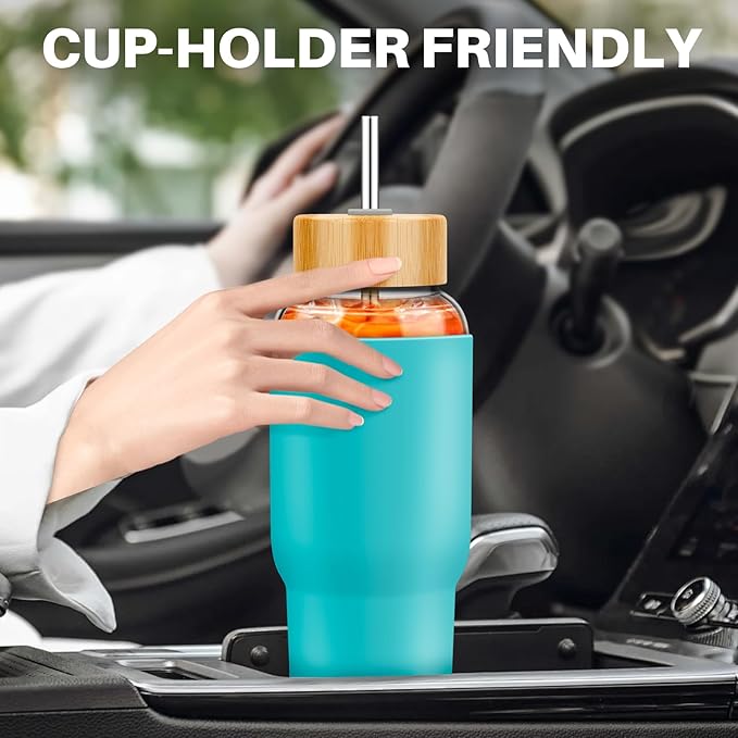 PROBTTL Glass Water Bottles, 1 Liter Glass Tumbler, Borosilicate Water Bottle with Straw, Silicone Sleeve, 2 Lids - Handle Spout & Bamboo Straw Lid, Fits Car Cup Holder (Aqua, 40 Ounces)