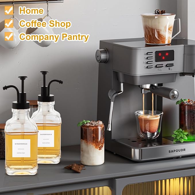 CYEAH 4 Pack Coffee Syrup Dispenser for Coffee Bar, 17 Oz Glass Syrup Bottle, Square Syrup Pump Dispenser with 1/4oz Large Capacity Pump, Coffee Syrup Bottles for Coffee Syrup
