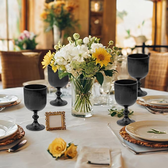 Black Vintage Wine Glasses Set of 6, 11 Ounces Colored Glass Water Goblets, Unique Embossed Pattern High Clear Stemmed Glassware Wedding Party Bar Glass Drinking Cups Fancy Glasses Hand Wash Only - Image 2